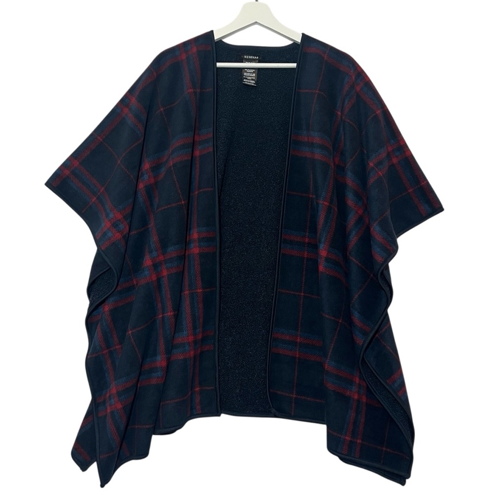 Ike Behar Reversible Fleece Wrap Plaid Sherpa navy blue/ Red One Size Cape NWOT - Picture 5 of 8